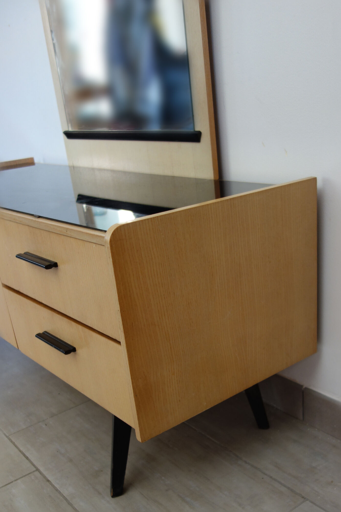 Dressing table 60s black wood and smoked glass