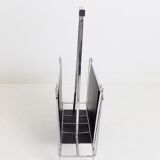 Zeitungsständer aus Chrom und schwarzem Leder