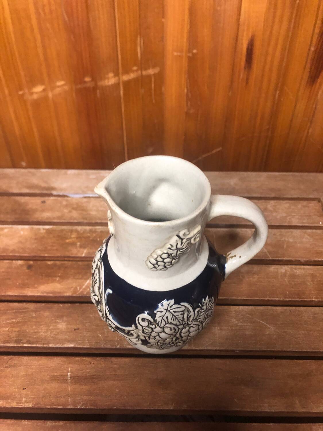 Old alsace ceramic pitcher gray blue vintage vines decor