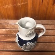 Old alsace ceramic pitcher gray blue vintage vines decor