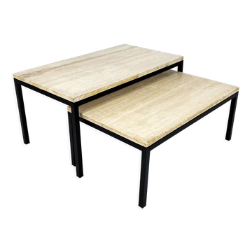 Set of 2 mid century travertine and steel coffee tables, 1960s