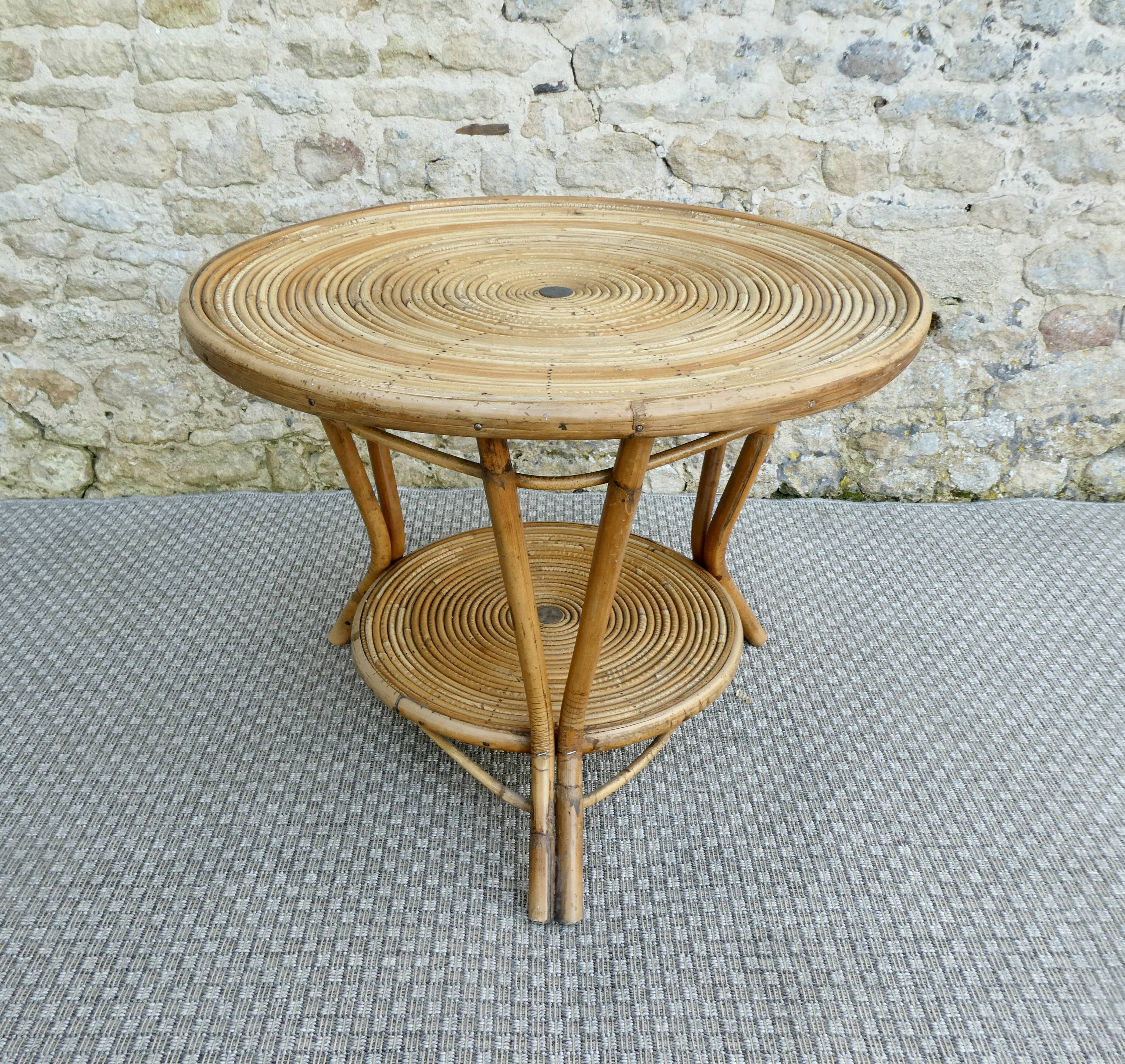 Rattan coffee table, tripod, with double top, 1960s