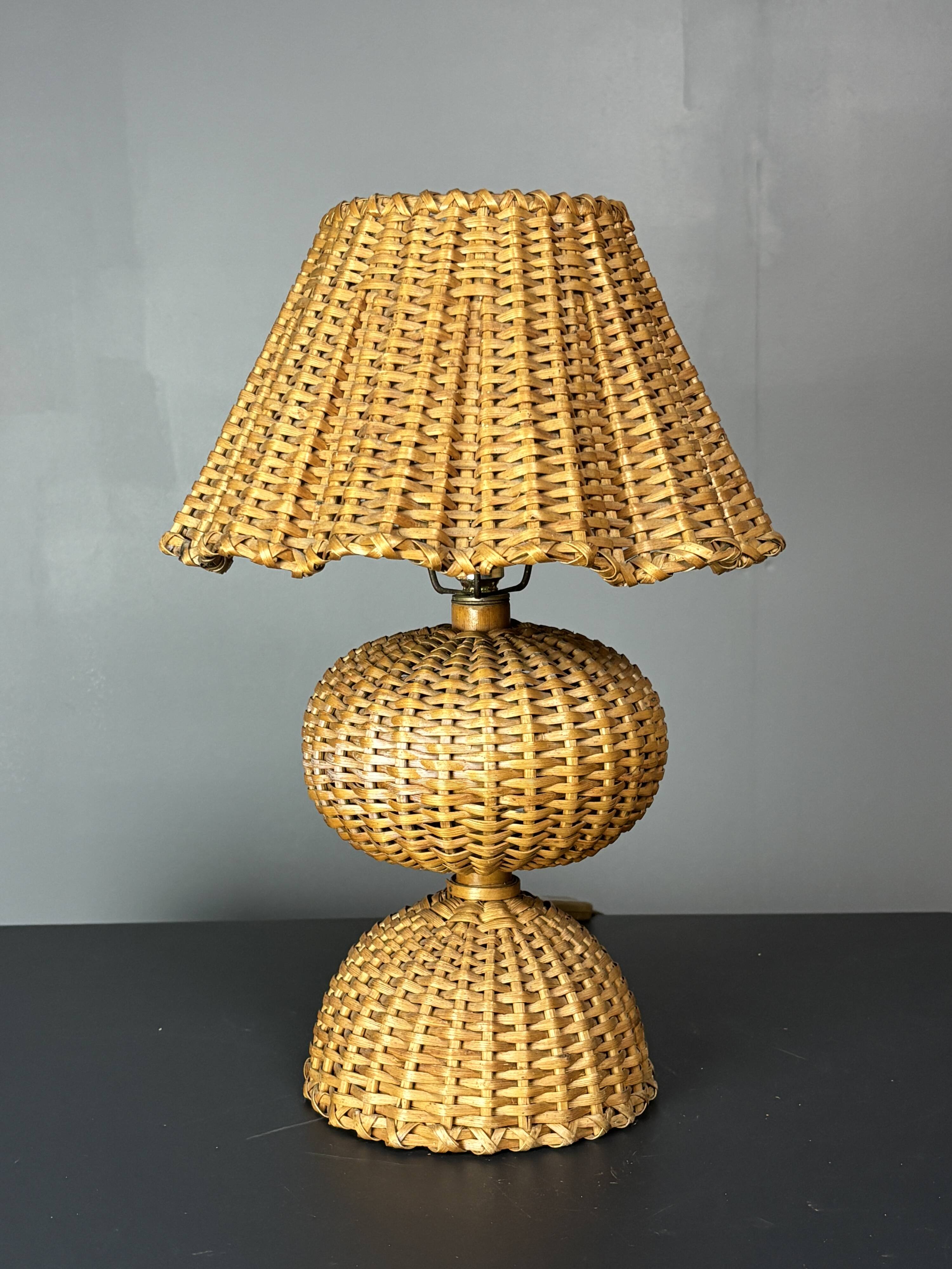 Midcentury rattan wicker mushroom table lamp, 1950s