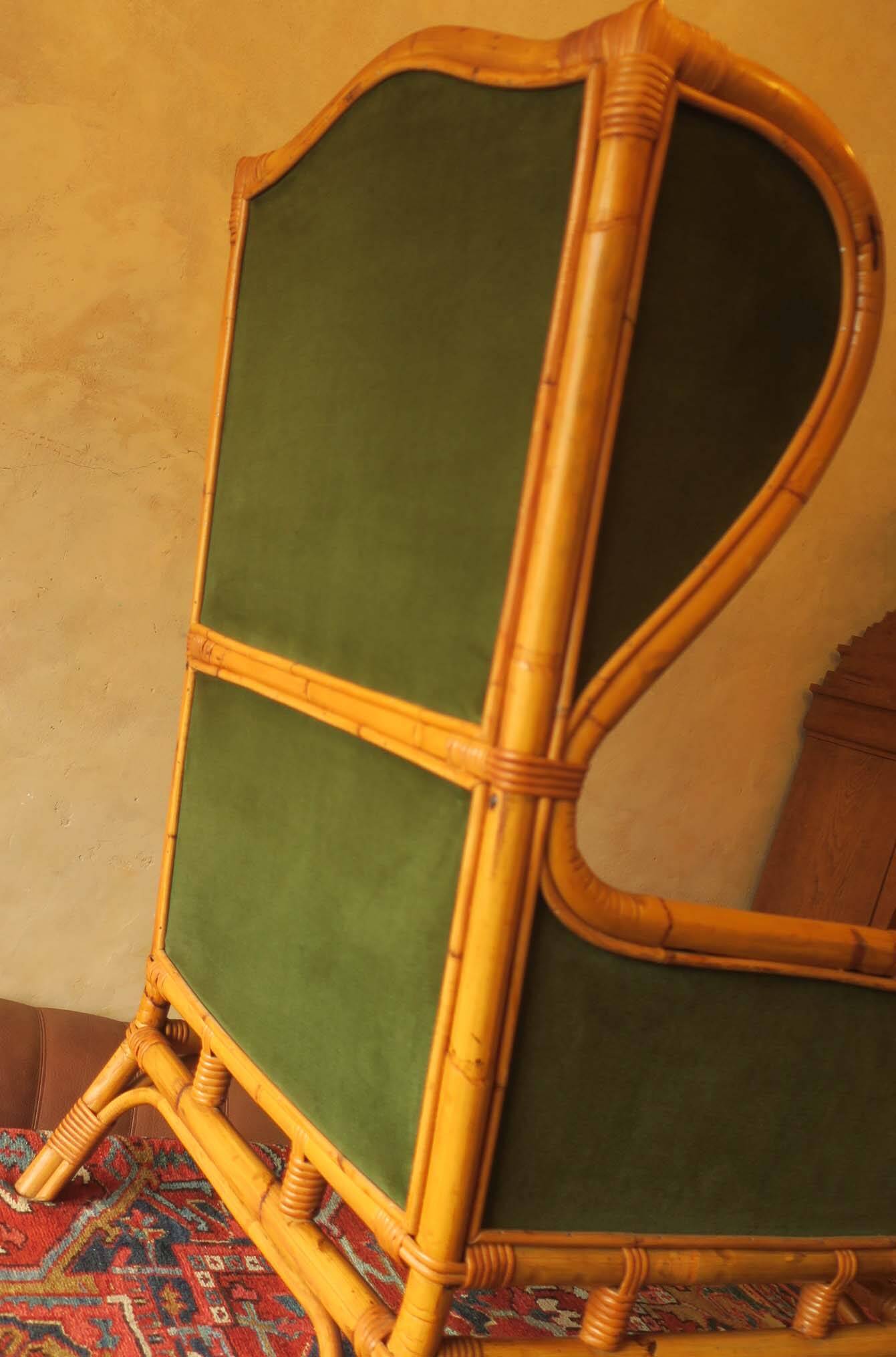 Mid century wing lounge chair in bamboo and olive green, 1960s