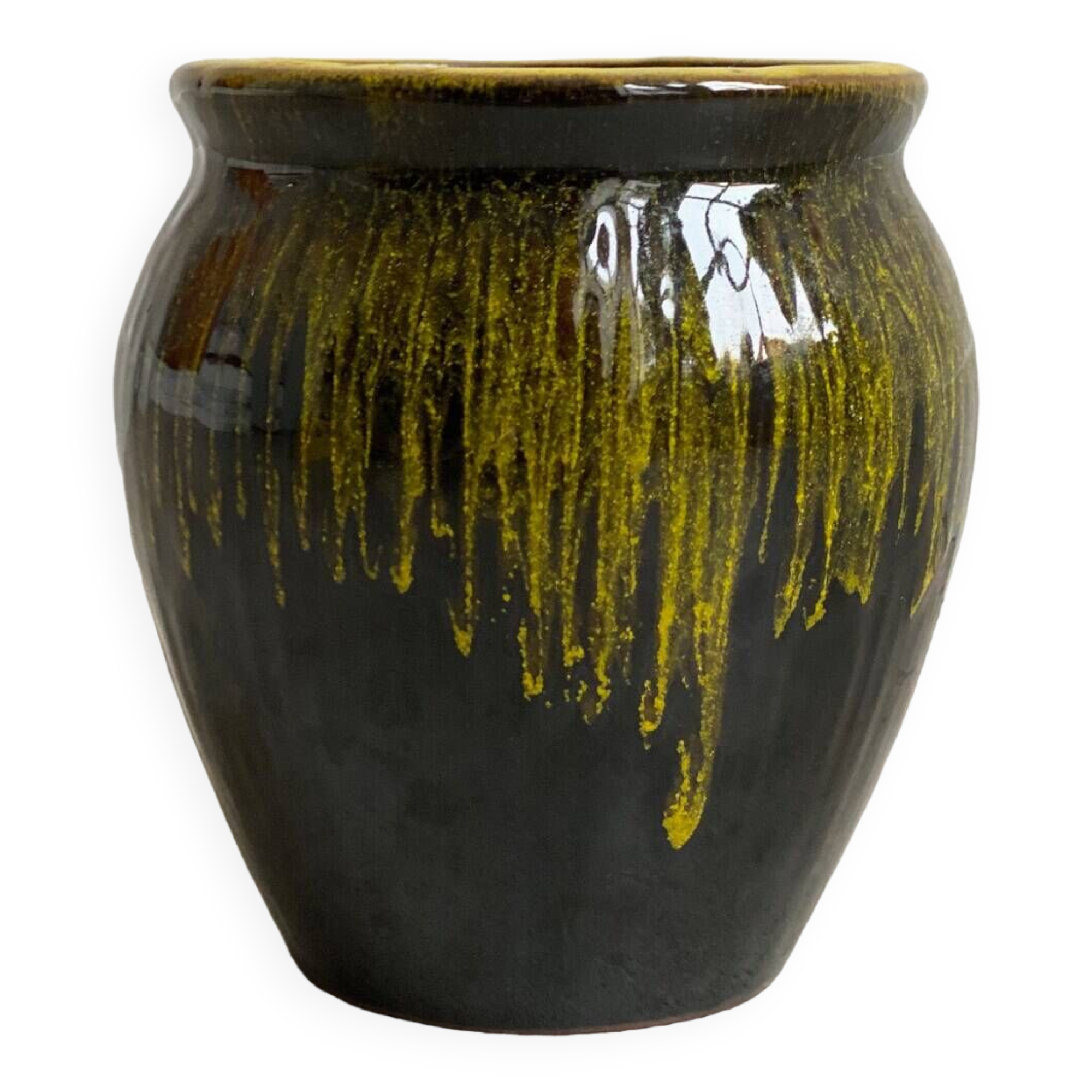 Petit vase en céramique vintage avec glaçure goutte à goutte jaune