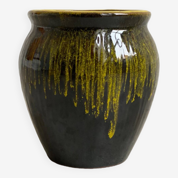 Petit vase en céramique vintage avec glaçure goutte à goutte jaune