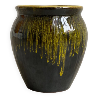 Petit vase en céramique vintage avec glaçure goutte à goutte jaune