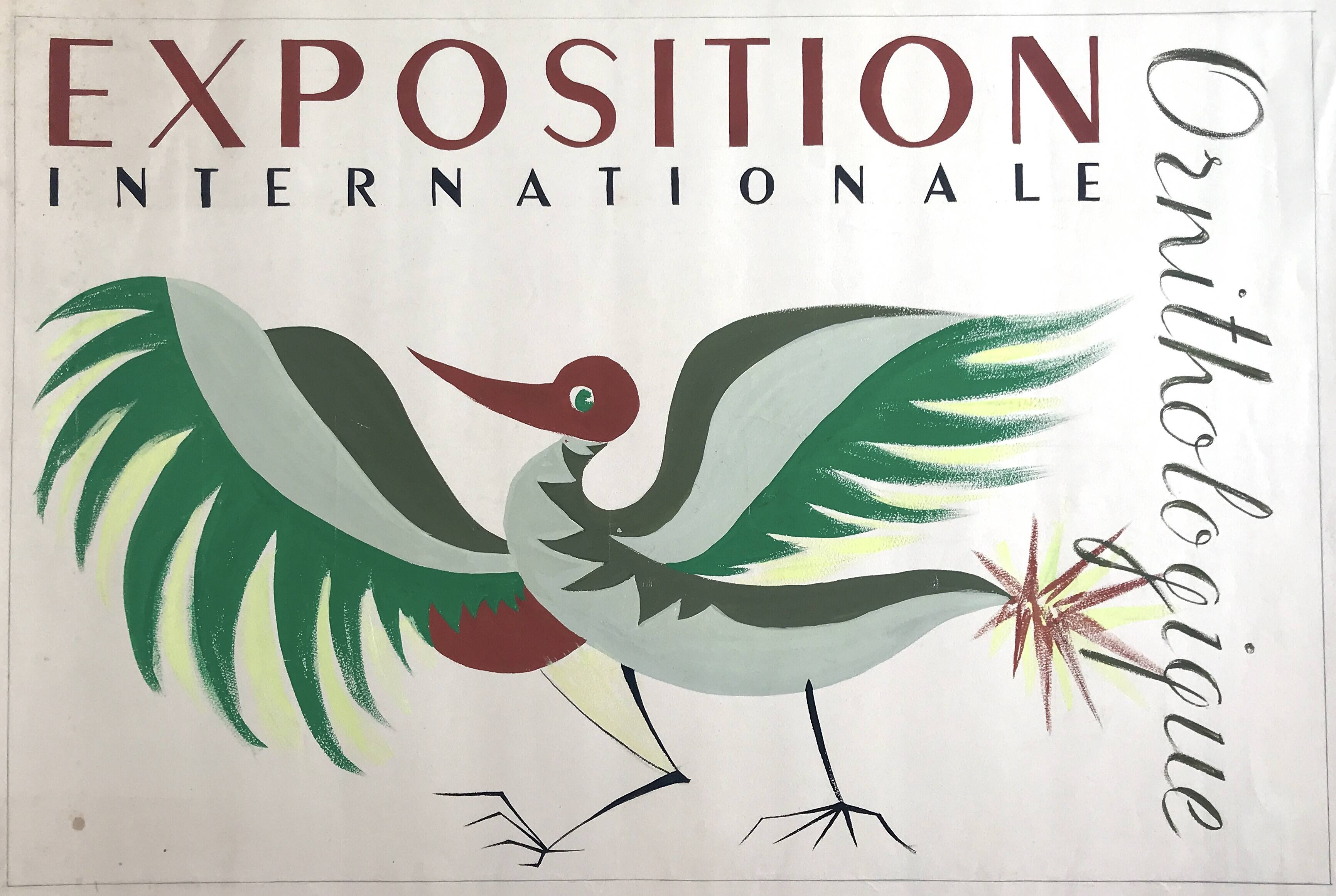 International art deco ornithological exhibition. Original poster painted in gouache.