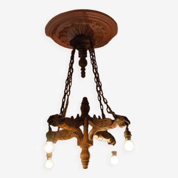 Lustre bois vintage, suspension bois sculpté oiseaux aigles, gargouilles, chimères