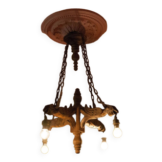 Vintage wood chandelier, carved wood suspension eagle birds, gargoyles, chimeras, cottage decoration