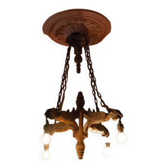 Lustre bois vintage, suspension bois sculpté oiseaux aigles, gargouilles, chimères