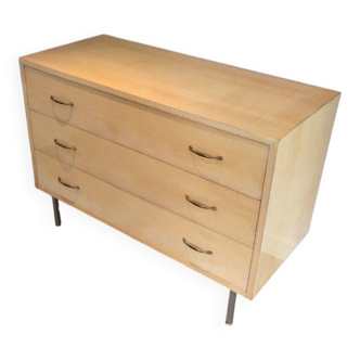 Eggshell lacquered chest of drawers with brushed steel legs. In the style of Knoll.