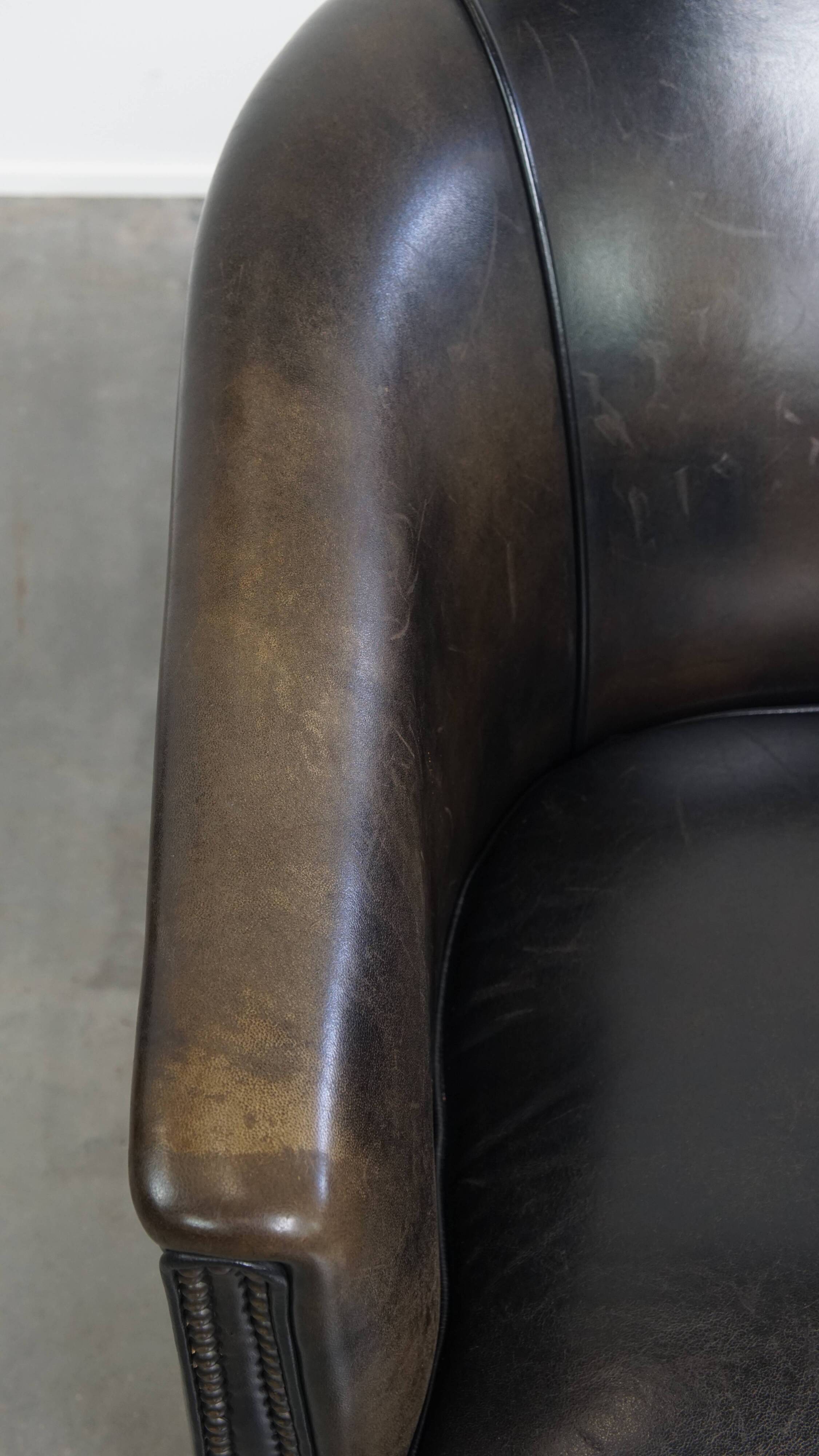 Set of 2  black/grey sheepskin leather club chairs
