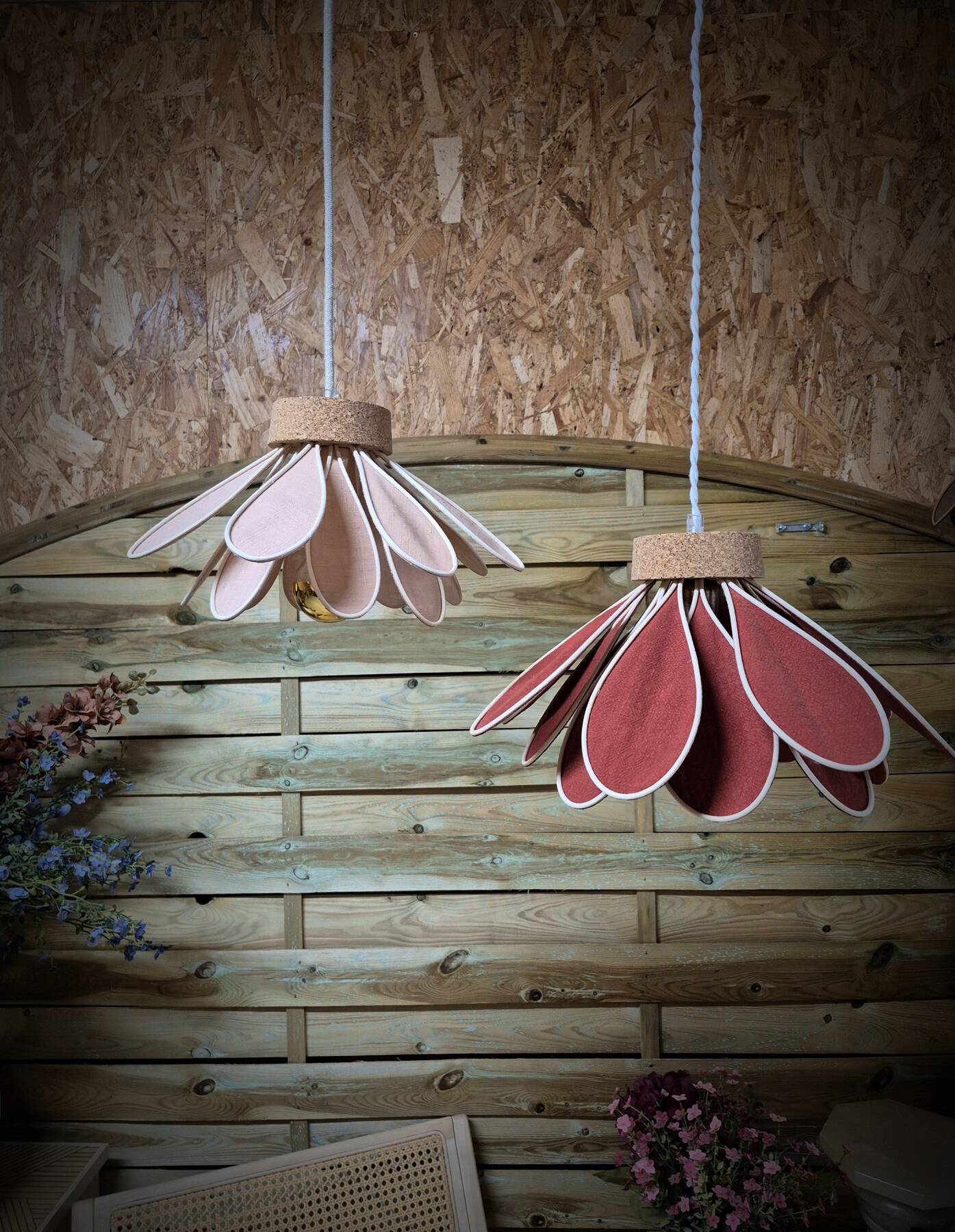 Iris flower pendant, 16 petals in terracotta rattan and linen.