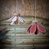 Iris flower pendant, 16 petals in terracotta rattan and linen.