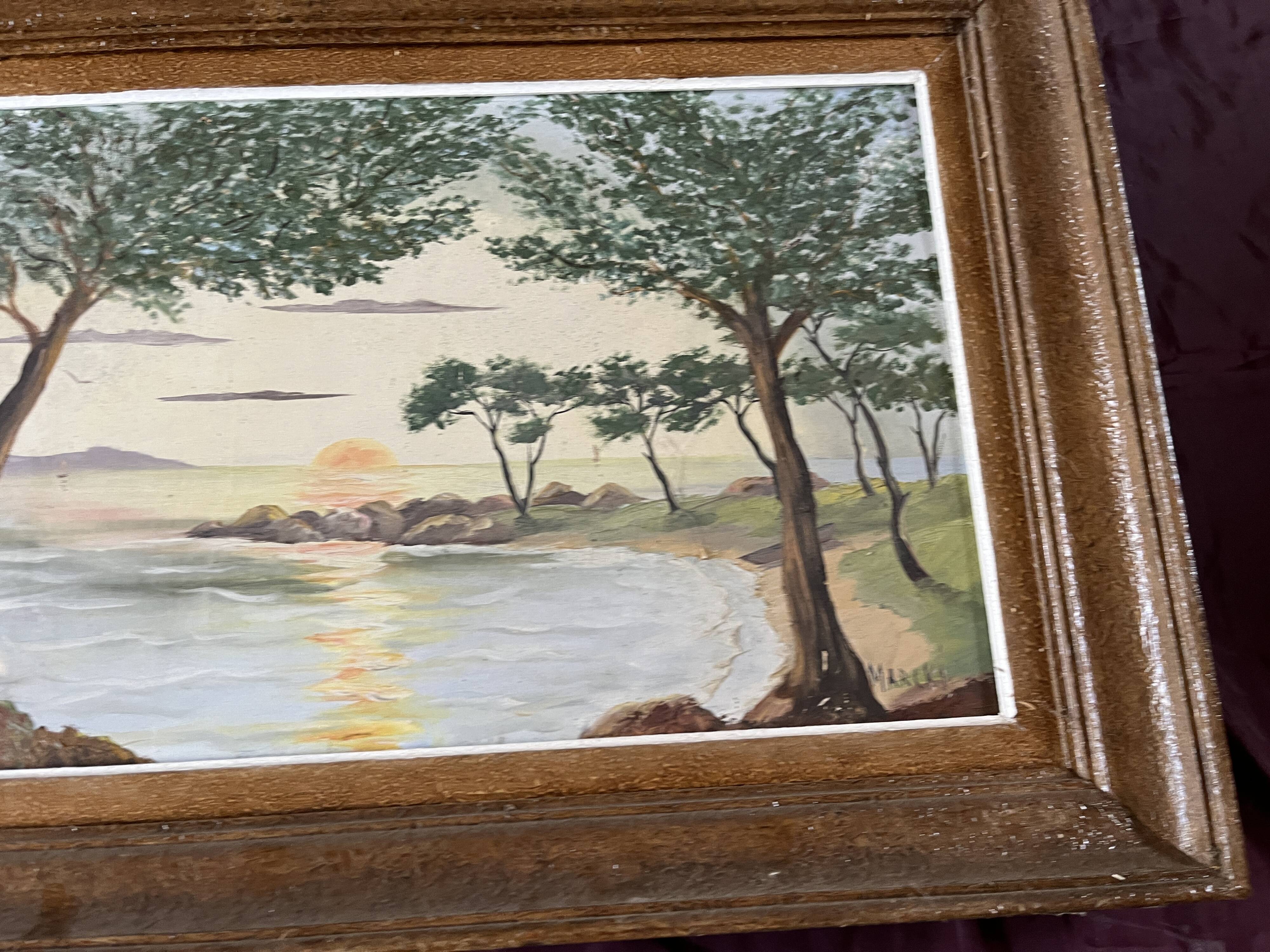 Vintage seascape painting at sunset, signed Marcki