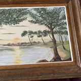 Vintage seascape painting at sunset, signed Marcki