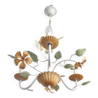 Vintage French White 3 Light Toleware Chandelier Peach Flowers Green Leaves 4761