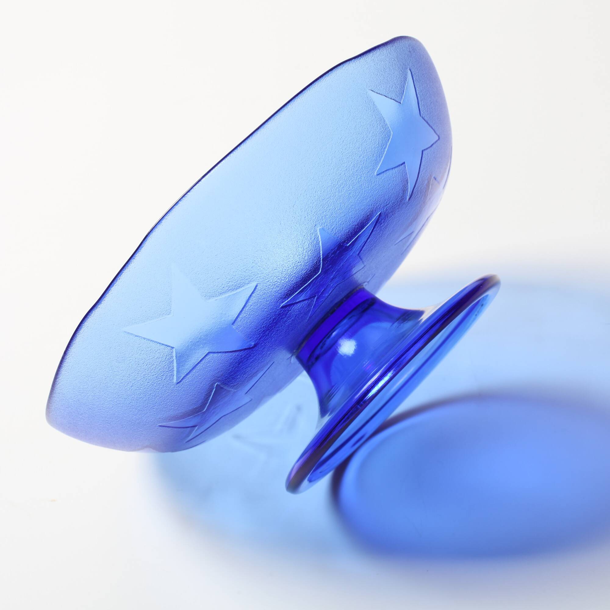 Blue Pressed Glass Pedestal Bowl with Stars Pattern / Italy / 2000s
