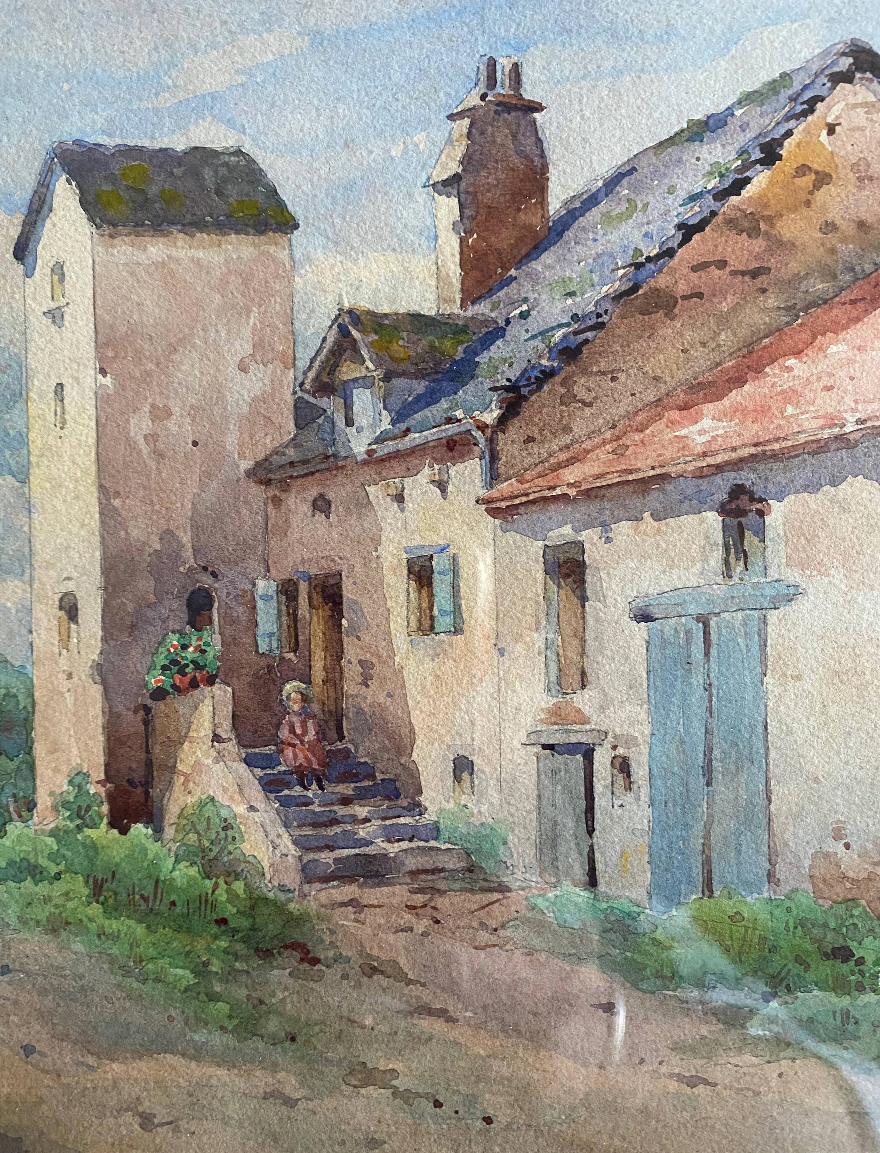 Watercolor painting "Nan-sous-Thil" Burgundy Eugène Cahtelain 1906 + frame
