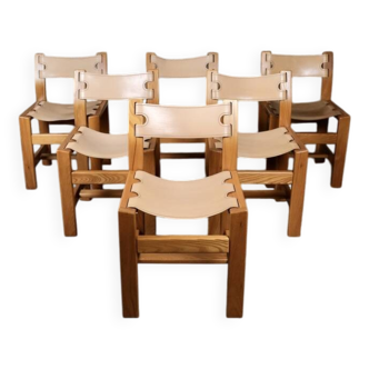 Série de 6 chaises en orme et cuir beige, Maison Regain, 1980s