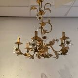 Lustre en métal doré et fleurs en verre, 1970