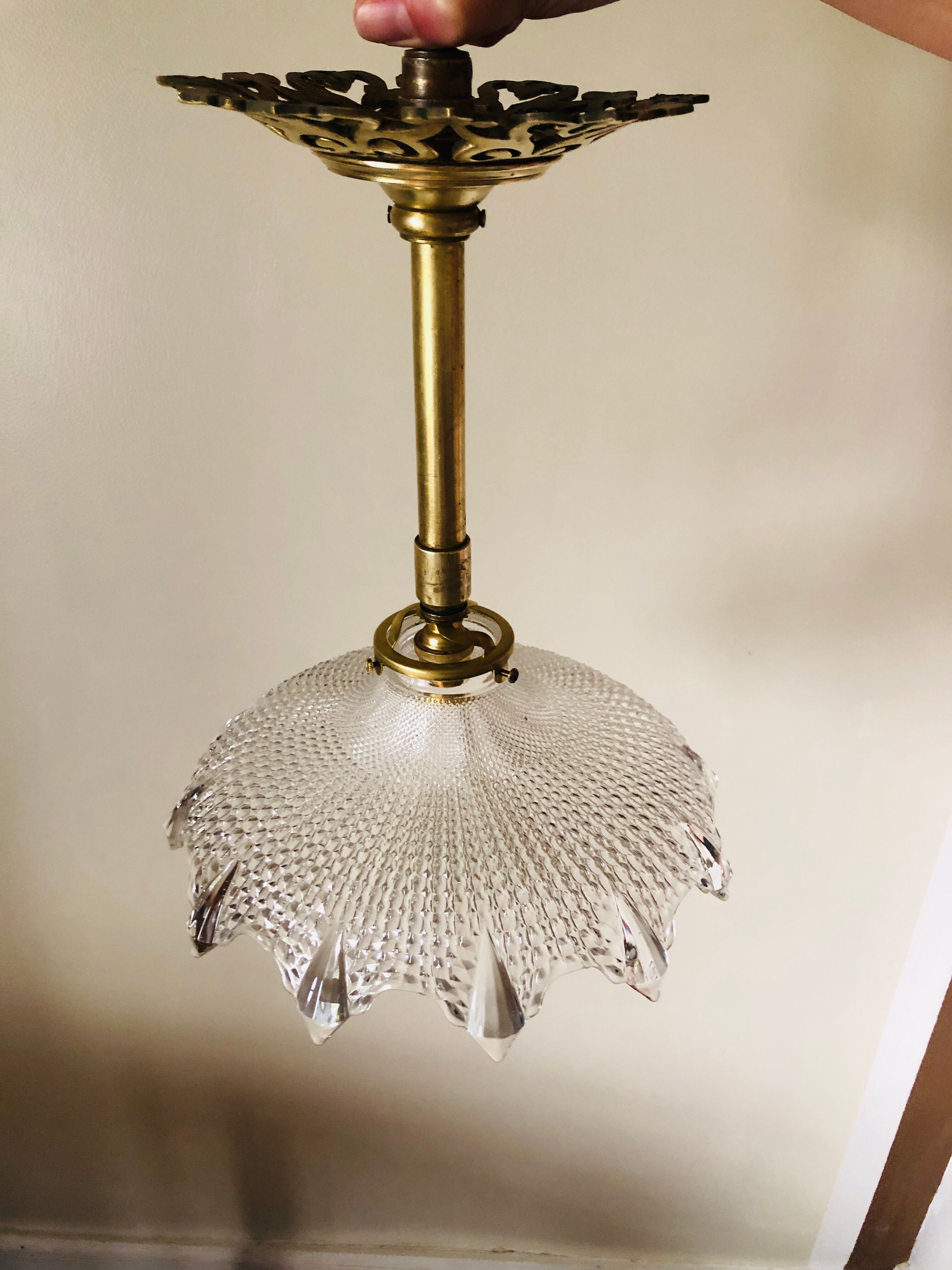 Art Deco pendant lamp brass rose window and diamond glass dome