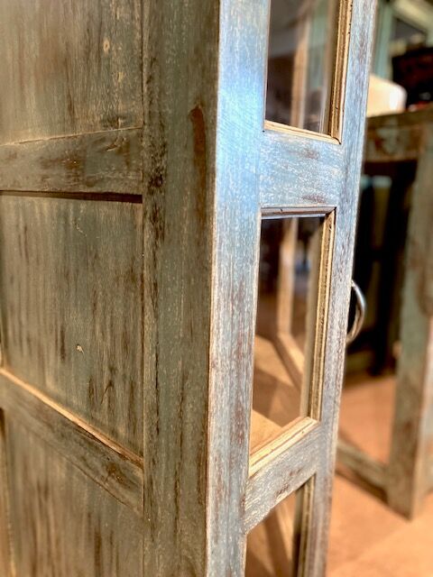 Teak glass notch with light blue patina