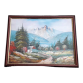 Tableau gouache sur carton, paysage de montagne -annoté au dos - 1995