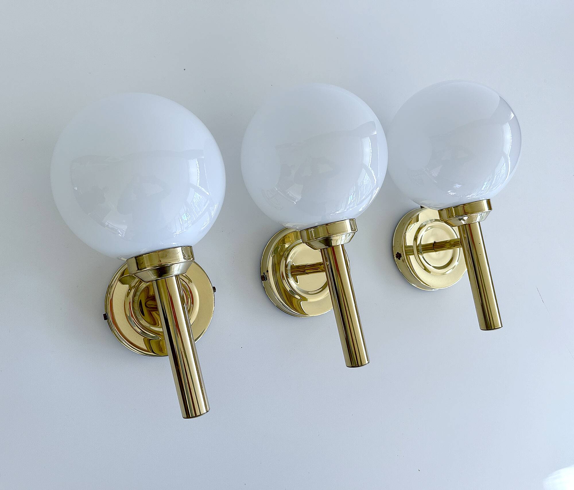 3 Vintage Scandinavian Glass and Brass Wall Lights