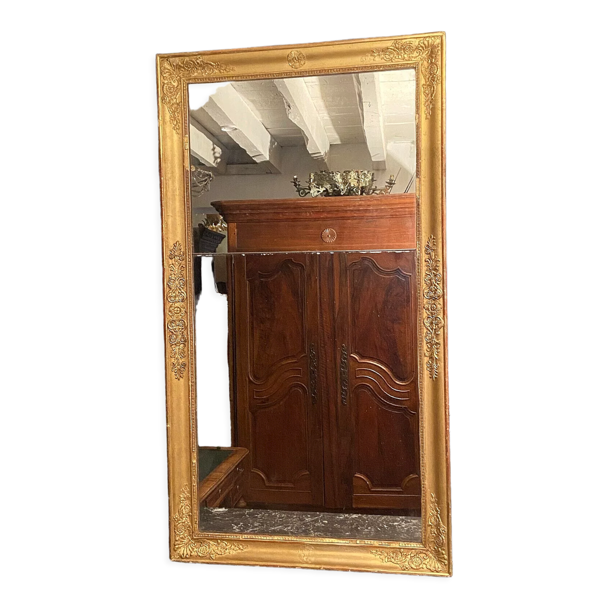 Large mirror fireplace mirror in wood and gilded stucco XIX Restoration
