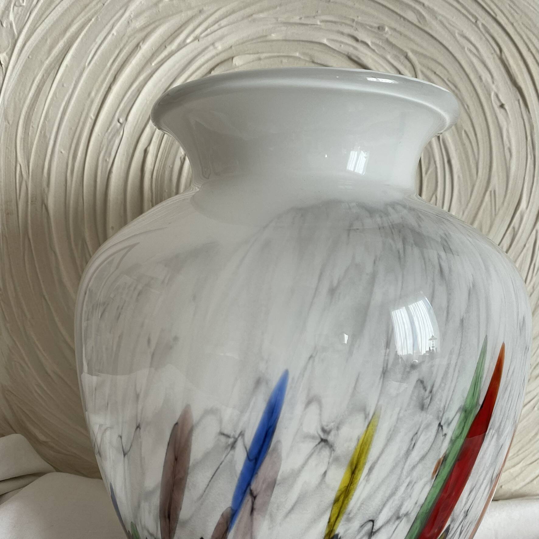 Large blown glass vase with polychrome inclusions in the Murano style.