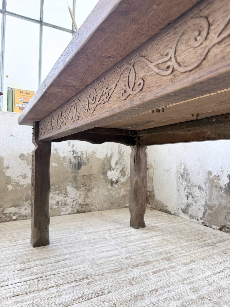 XL farmhouse table in solid oak, brutalist style, 20th century.