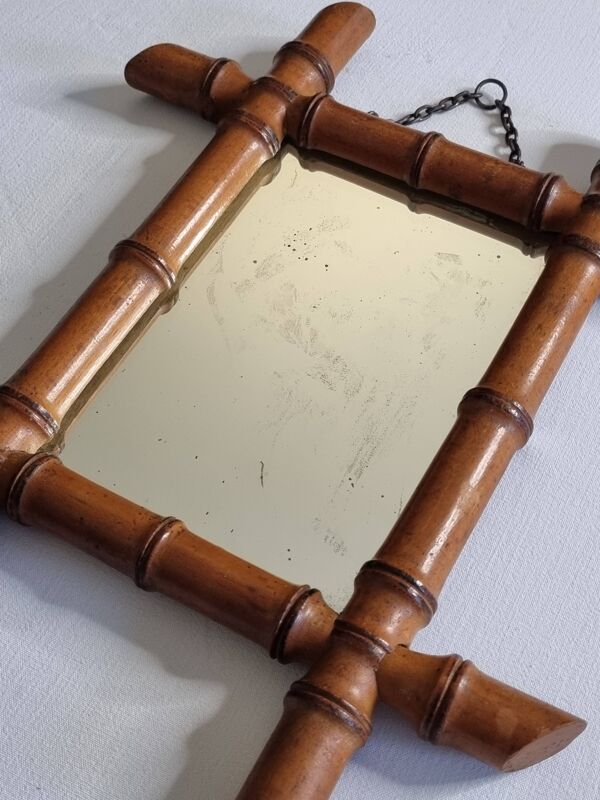 Miroir ancien en bois tourné style bambou, fin XIXe siècle, 38 x 31 cm