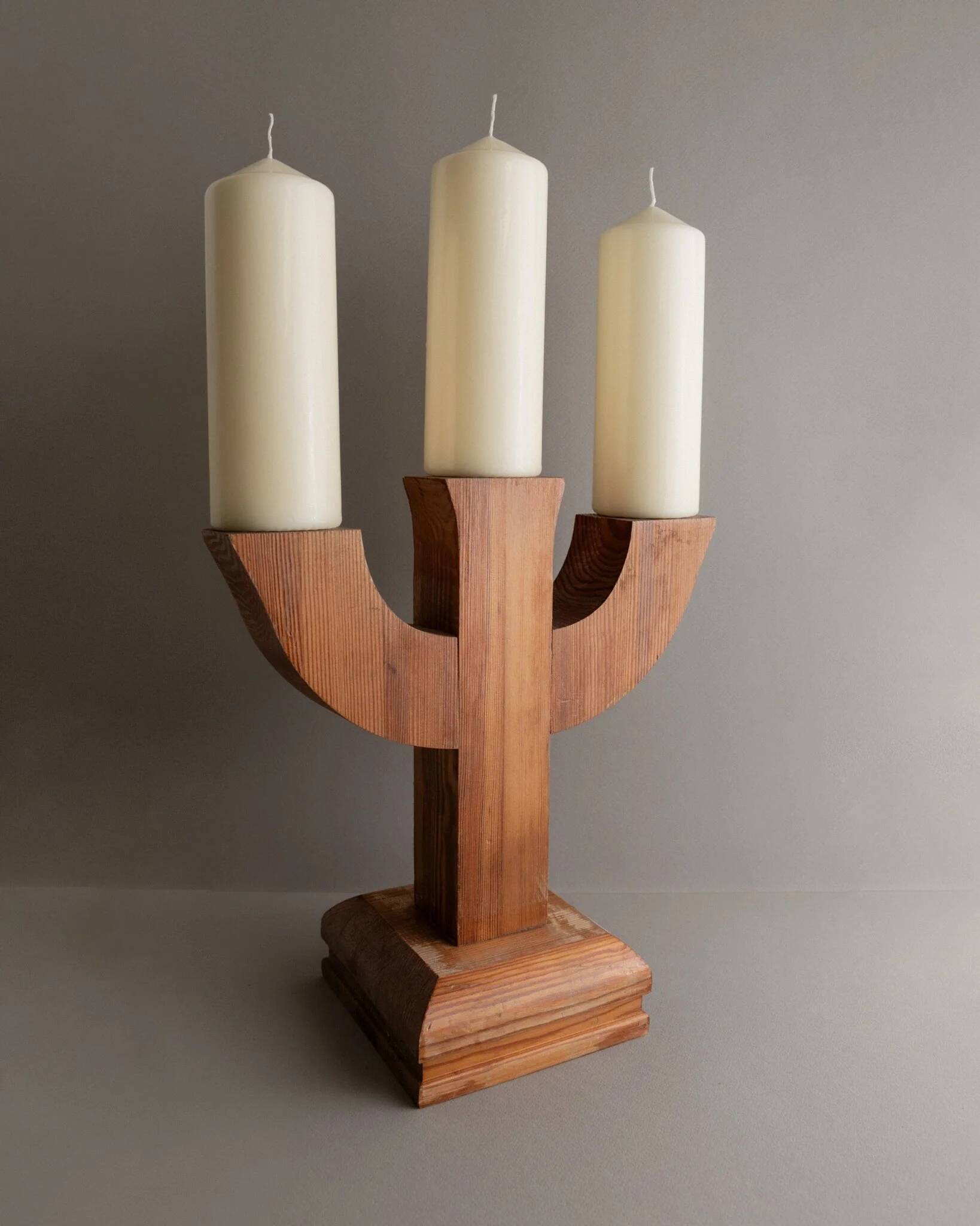 Bois Wood Candle Holder, Solid Wood, Made in Italy, Mid-Century 1950s Three-Arm Silhouette