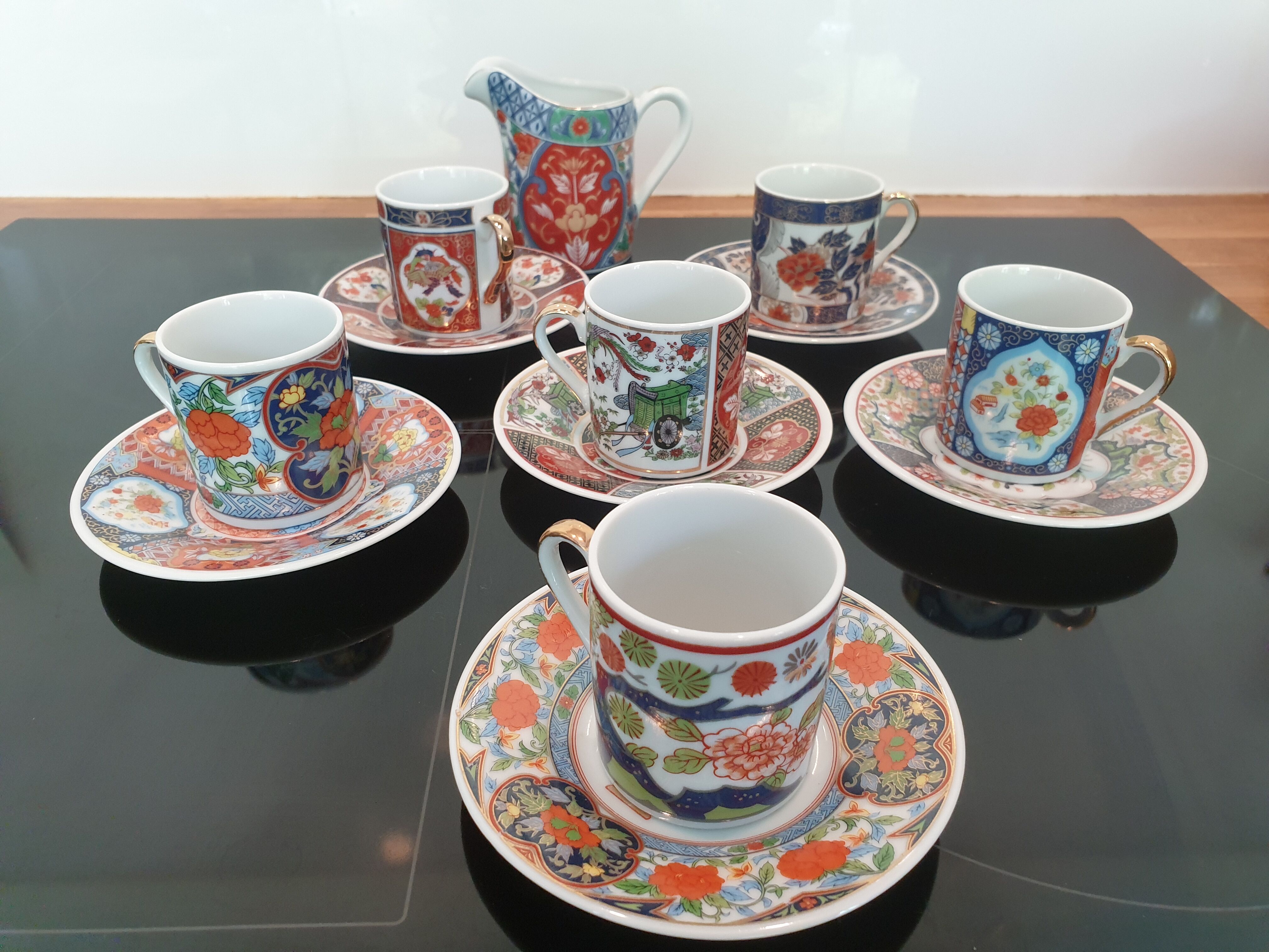 6 Japanese coffee cups and milk jug