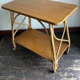 Side table provence 1960 in rattan and plyvood on wheels