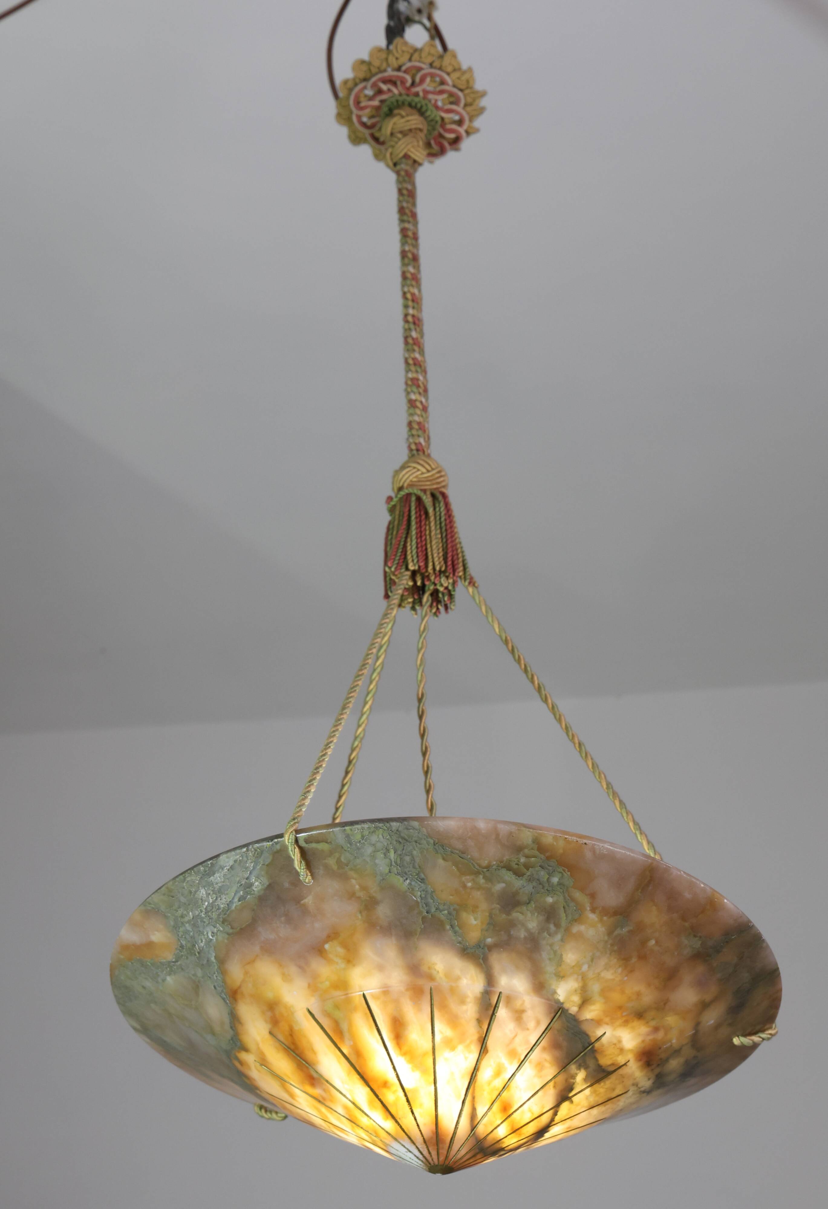 Extra Large Antique Art Decò Liberty Alabaster Chandelier, 1940s
