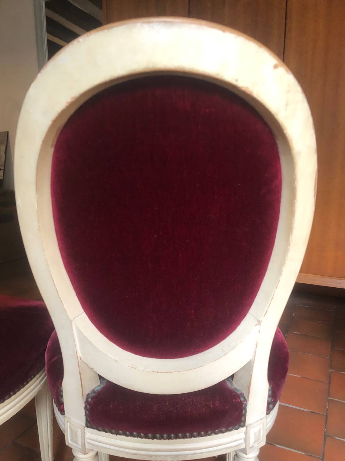 Lot of six Louis XVI chairs purple velvet patinated wood