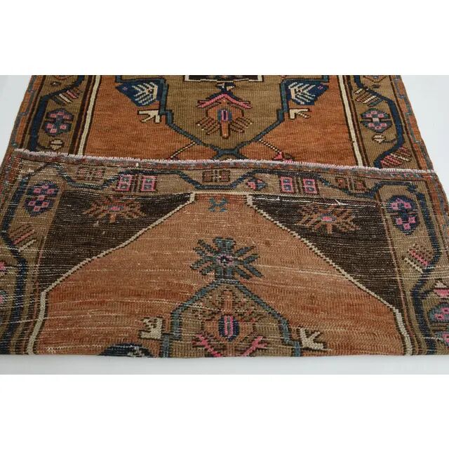 Vintage Turkish Oushak Handmade Wool Cotton Brown Runner Rug 128296