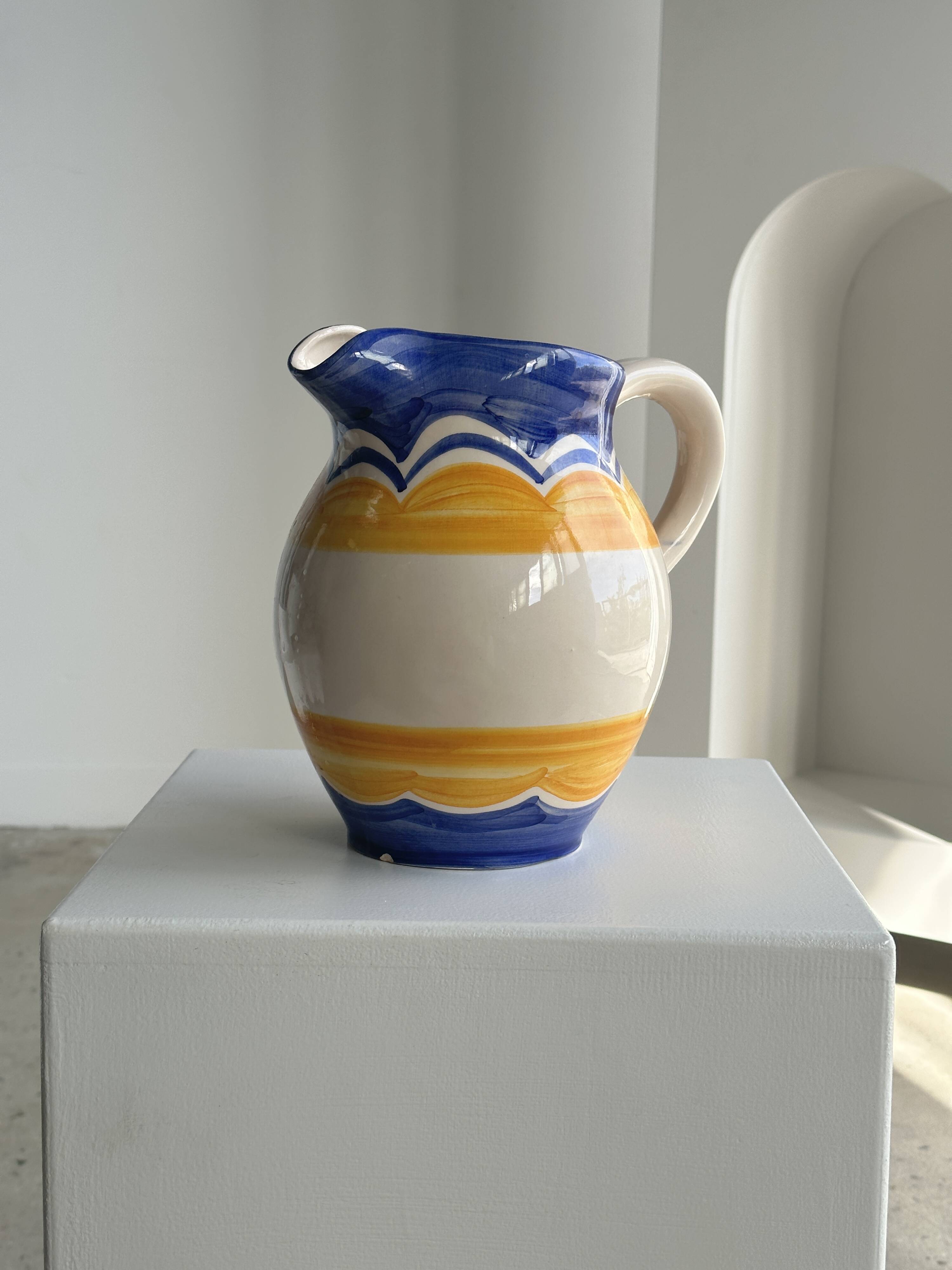 Large blue and yellow hand painted carafe H:20cm