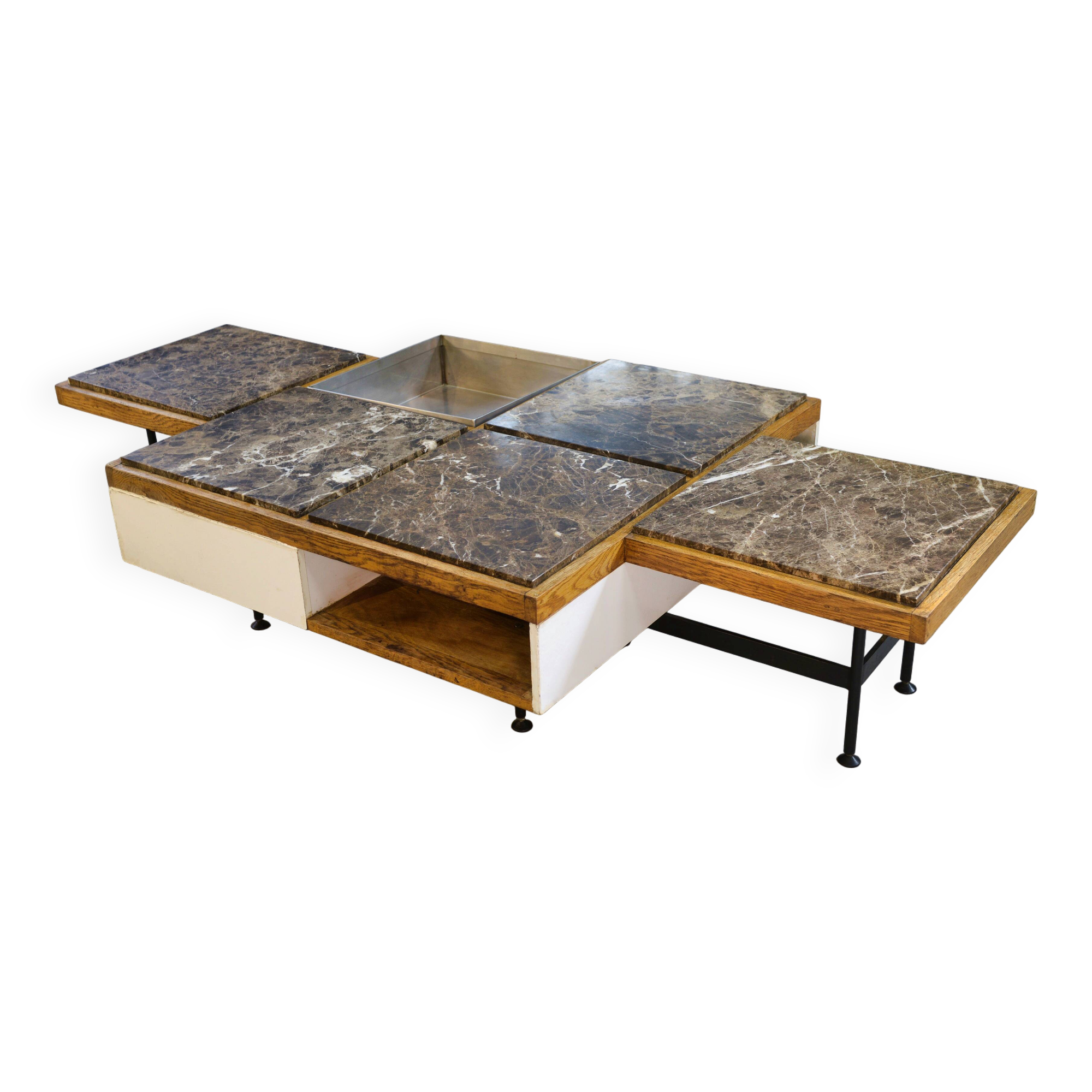 Coffee table with steel base and oak and grey marble frame, 1970s