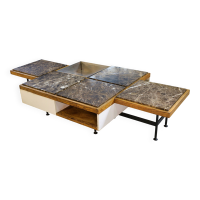 Table basse piètement acier avec encadrement en chêne et marbre gris 1970s
