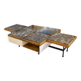 Table basse piètement acier avec encadrement en chêne et marbre gris 1970s