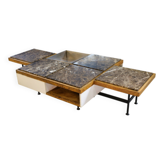 Coffee table with steel base and oak and grey marble frame, 1970s
