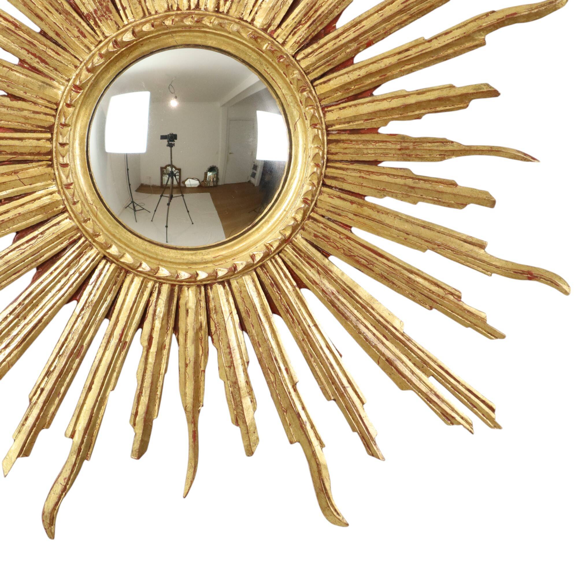 Large Gold Leaf Gilded Wooden Sun Mirror Sunburst Mirror 75cm