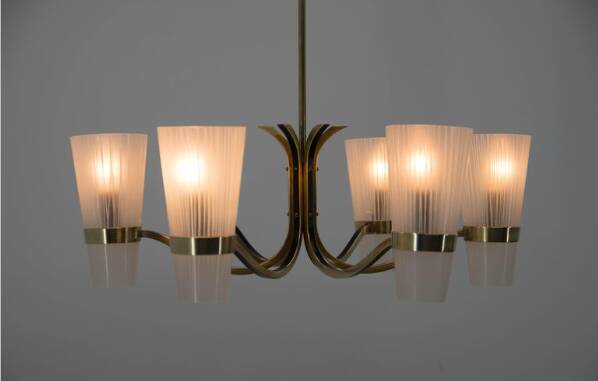 Brass and Glass Chandelier in Lyfa Style, Denmark, 1970s