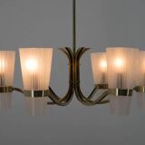 Lustre en laiton et verre de style Lyfa, Danemark, années 1970