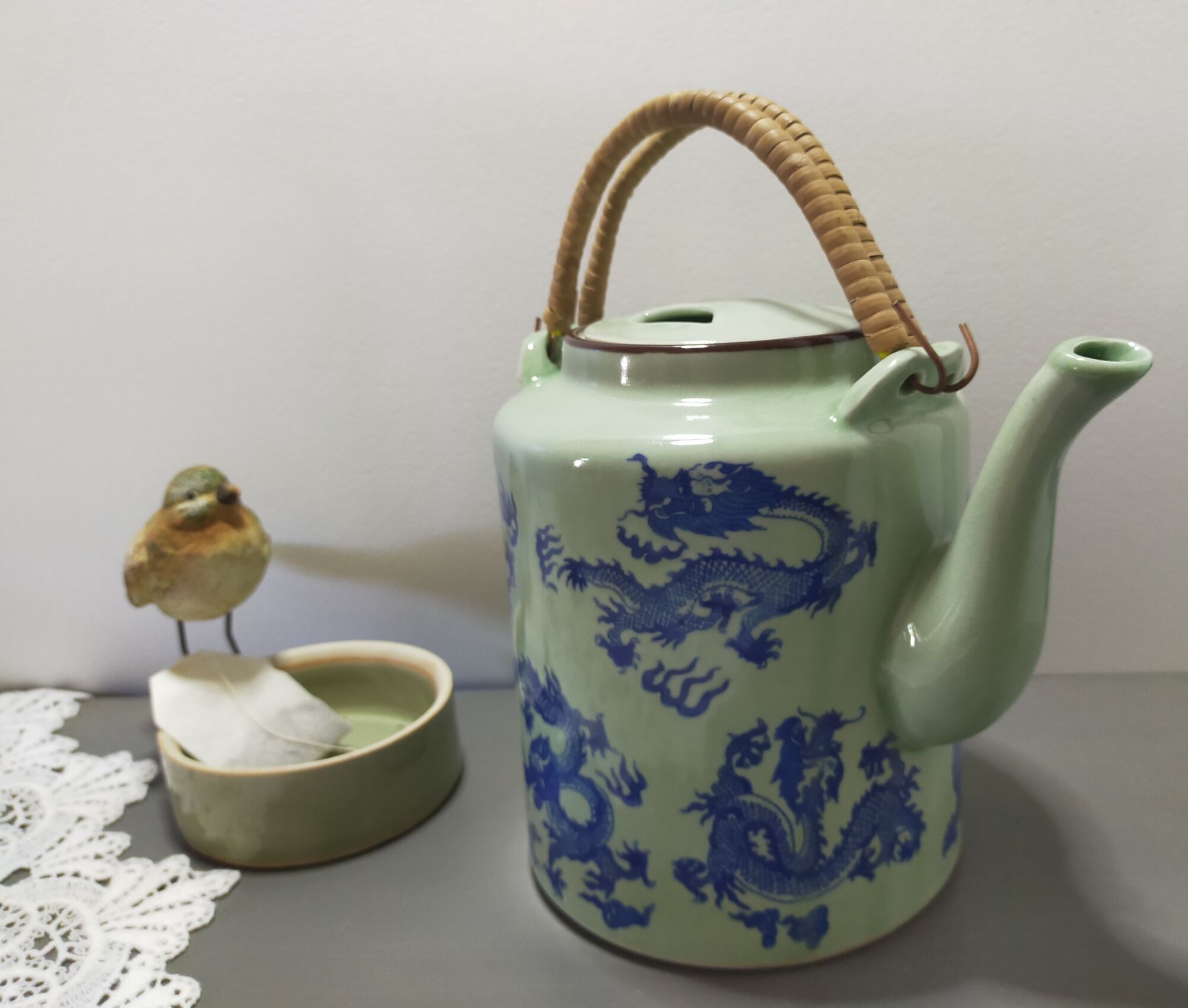 rare green celadon teapot ancient dragons or phoenix decoration with glaze and wicker handles signed /th