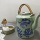 rare green celadon teapot ancient dragons or phoenix decoration with glaze and wicker handles signed /th